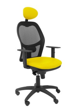 Silla Jorquera malla negra asiento similpiel amarillo con cabecero fijo