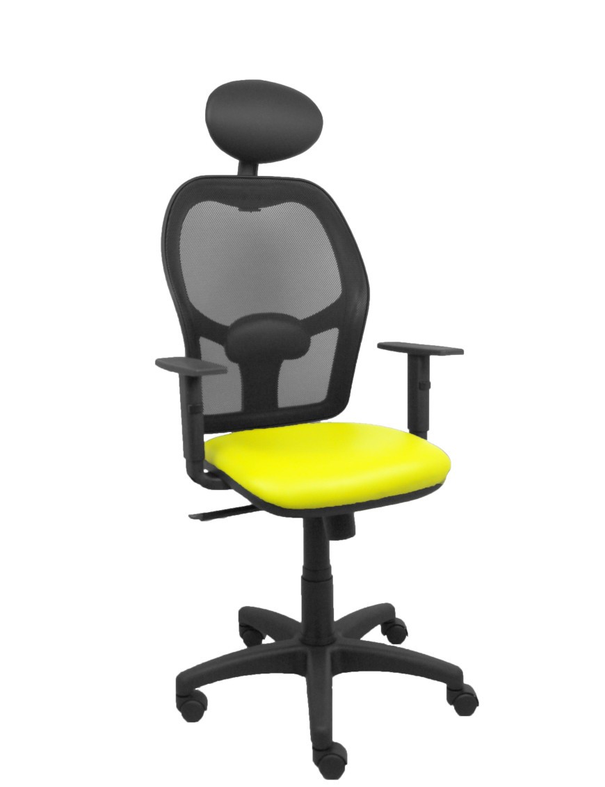 Silla Alocén malla negra asiento similpiel amarillo brazos regulables cabecero fijo