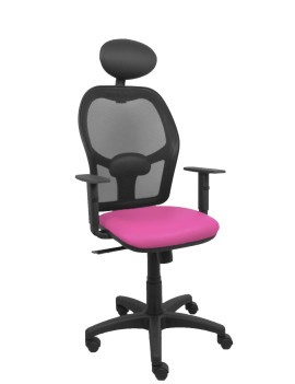 Silla Alocén malla negra asiento similpiel rosa brazos regulables cabecero fijo